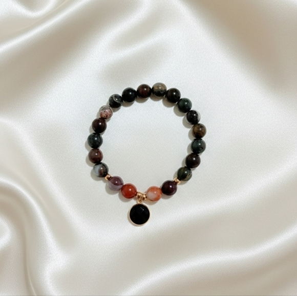 Mookaite/Brecciated Jasper Bracelet With Onyx Charm - Picture 3 of 9